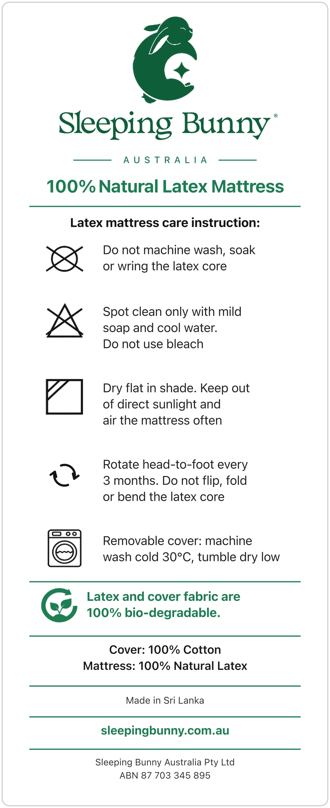 The care label sewn into every Sleeping Bunny mattress cover