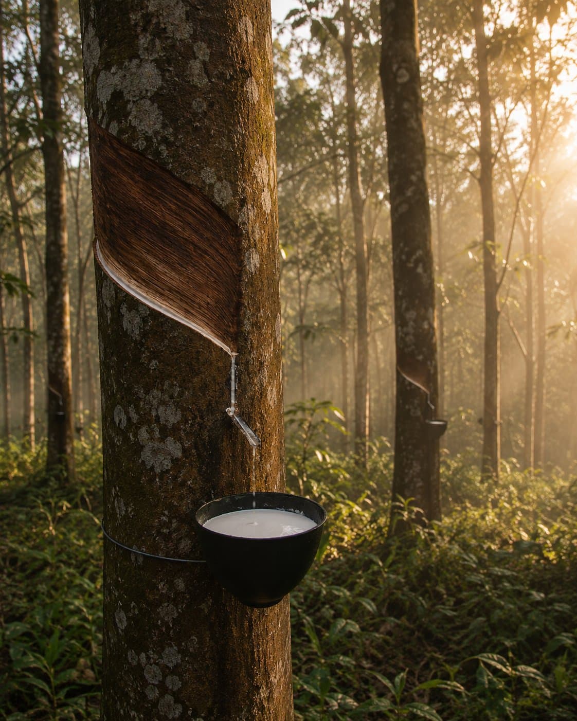 A rubber tree at dawn with a fresh diagonal tap cut, latex running into a collection cup