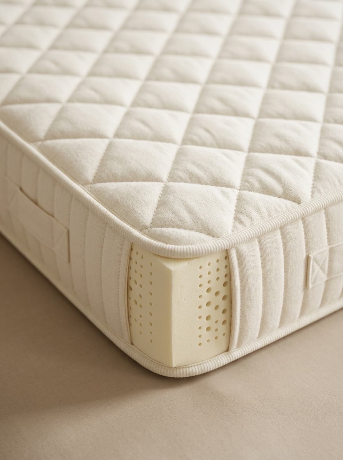 Close-up of the quilted cover and natural latex core of the mattress