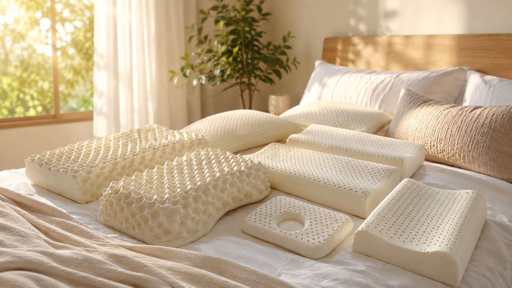 The full Sleeping Bunny latex pillow collection styled on a sunlit bed
