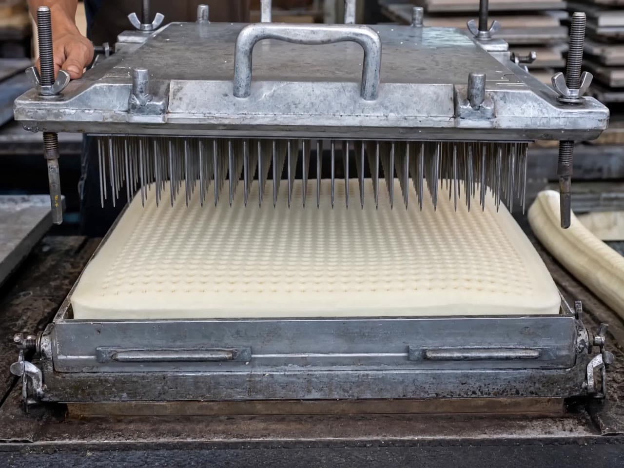 A pinned aluminium mould lifting off a freshly moulded natural latex block in the factory
