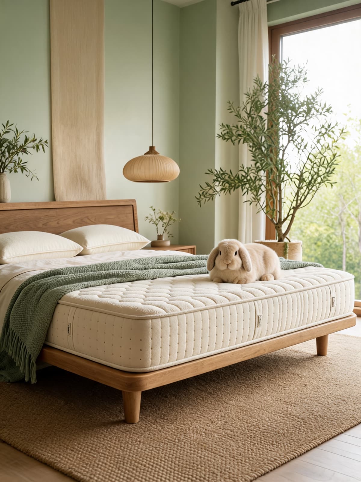 A 100% natural latex mattress in a calm, sunlit sage bedroom