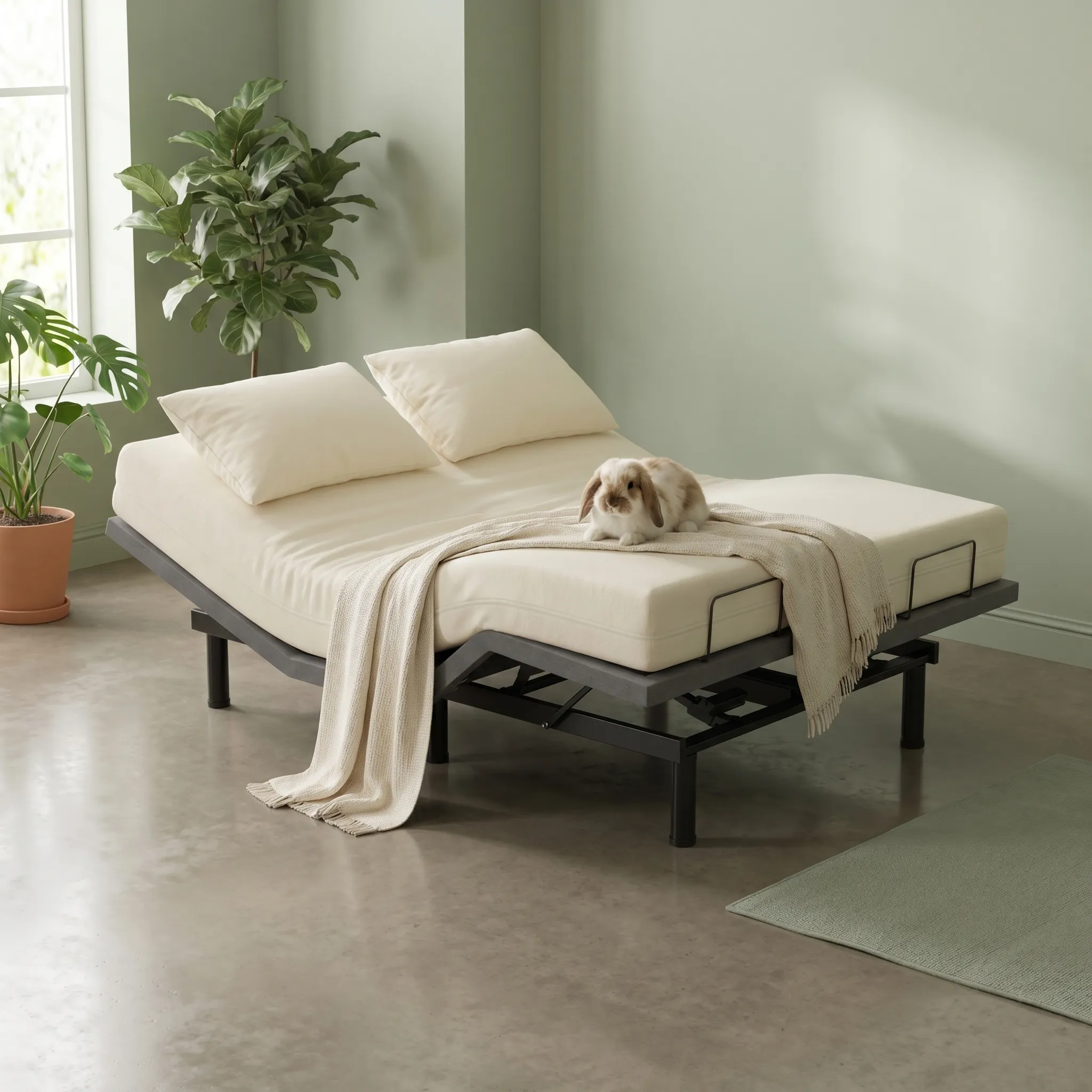 A motorised adjustable bed base styled in a calm bedroom