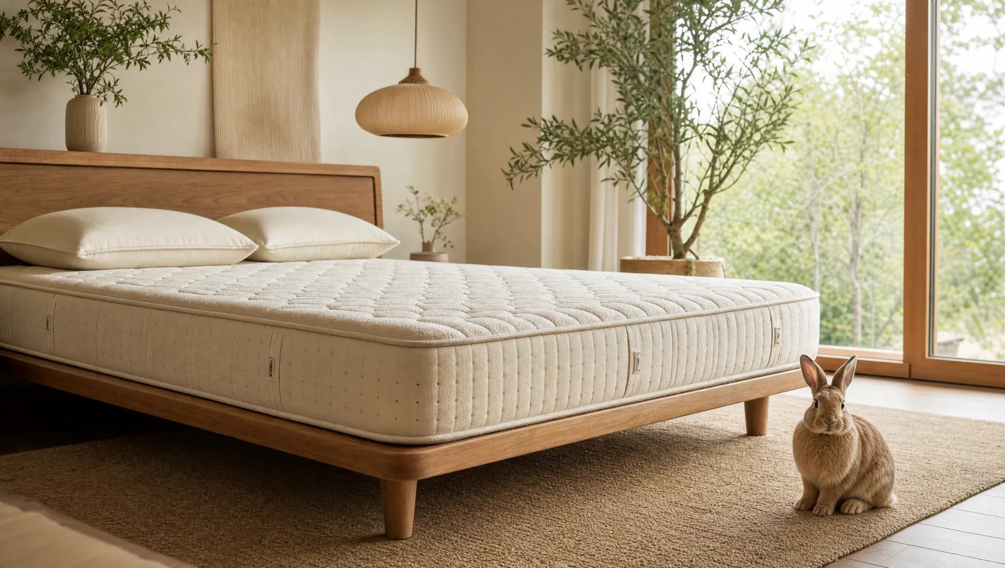 A bunny beside a natural latex bed in a calm, sunlit bedroom