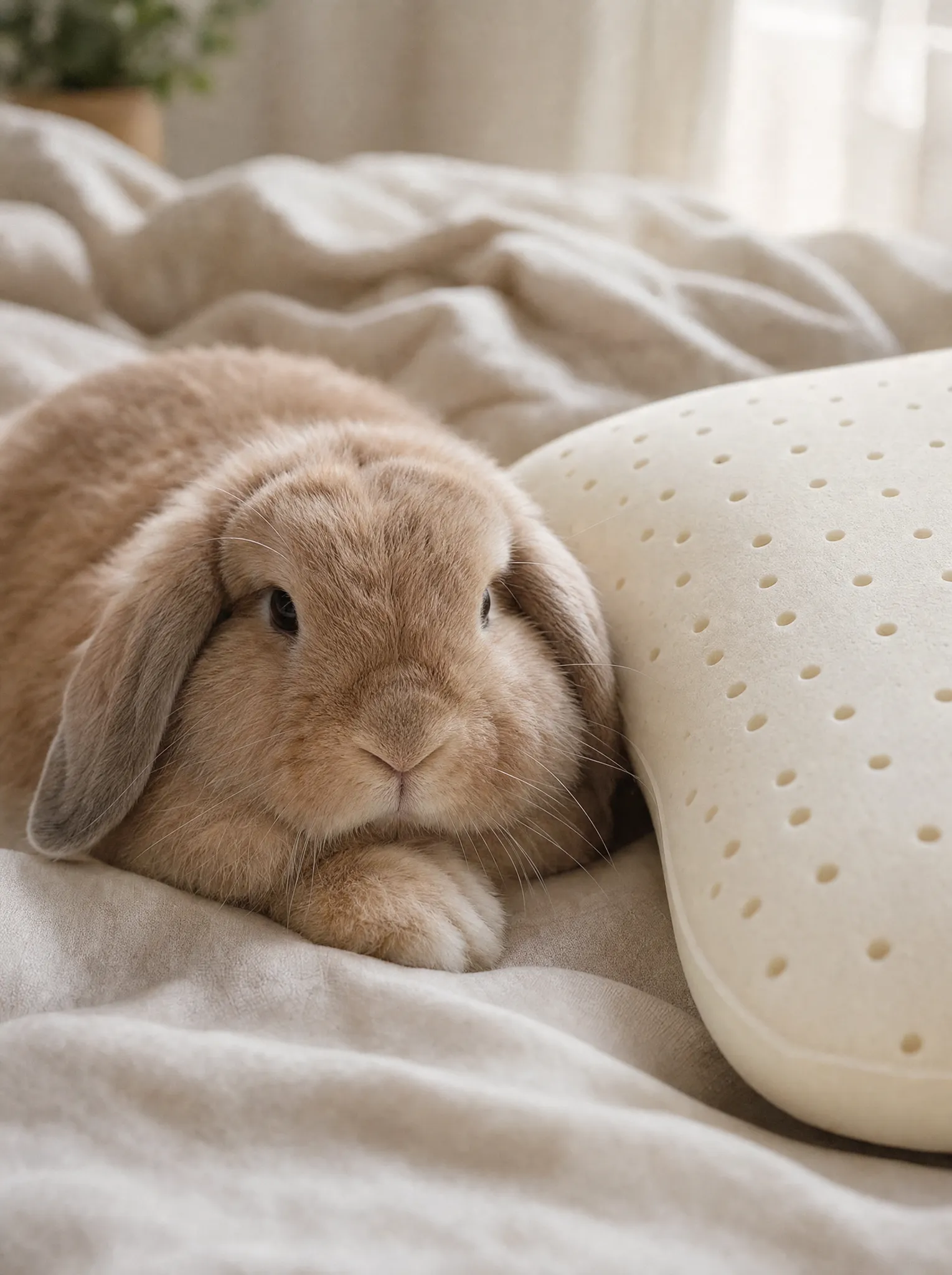A bunny resting beside a cream natural latex pillow