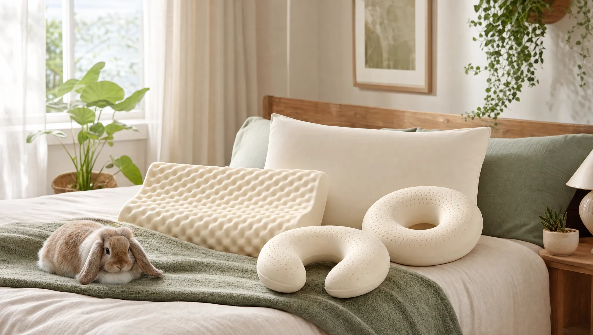 The Sleeping Bunny natural latex pillow collection in a bedroom