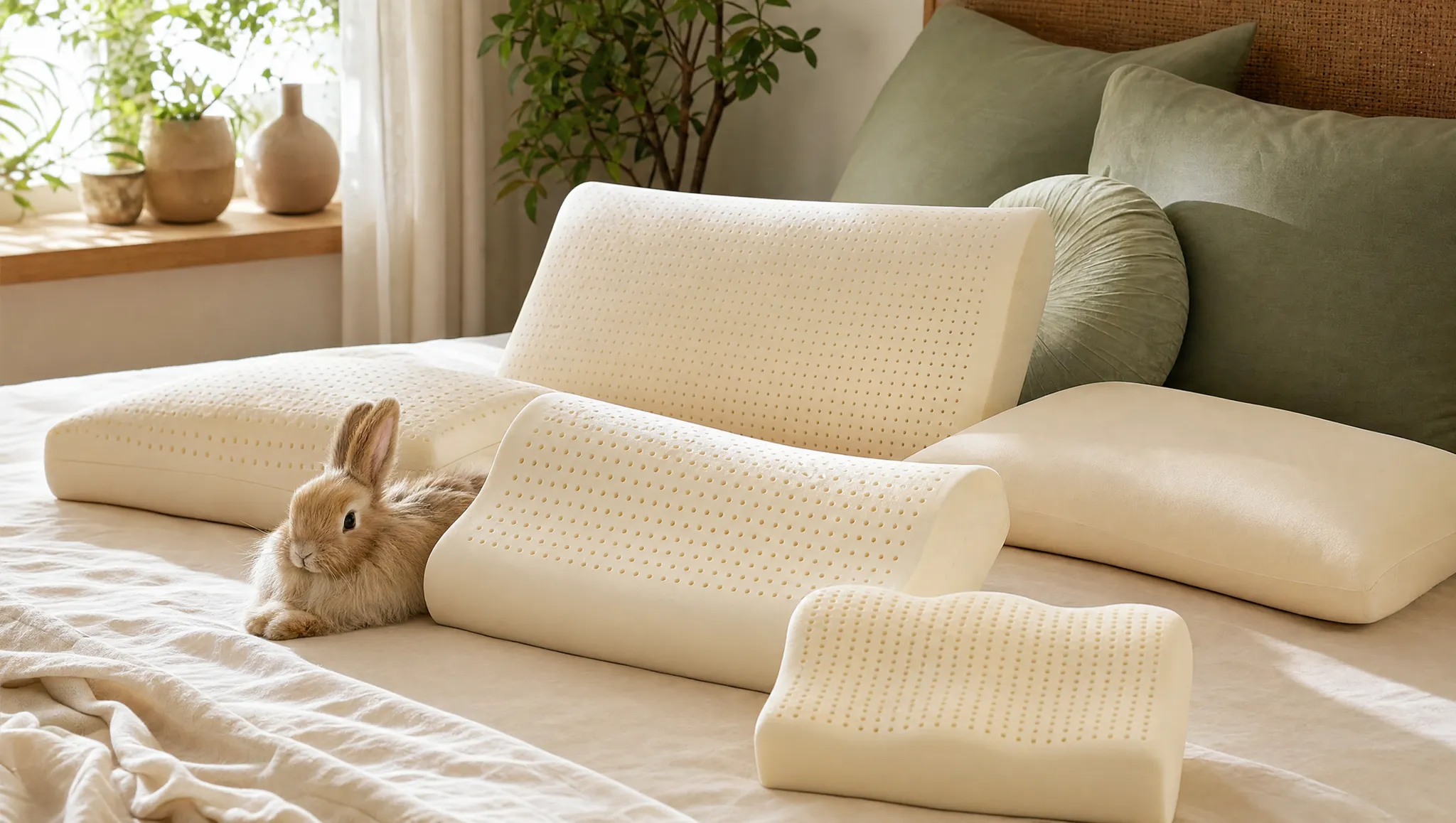 The Sleeping Bunny natural latex pillow collection in a bedroom