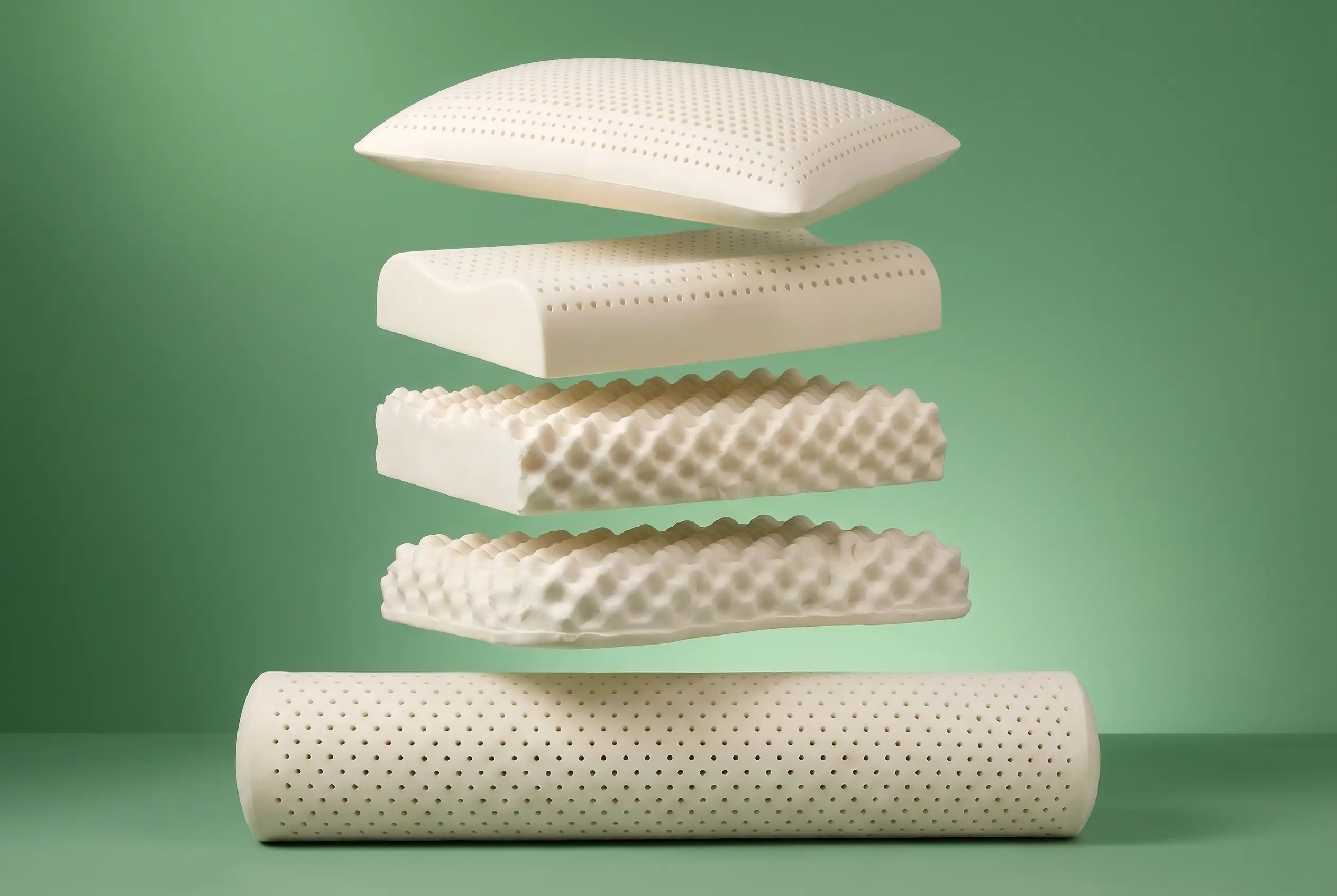 Five natural-latex adult pillows floating in a stack — standard, contour, massage, wave and a bolster — on a sage-green background