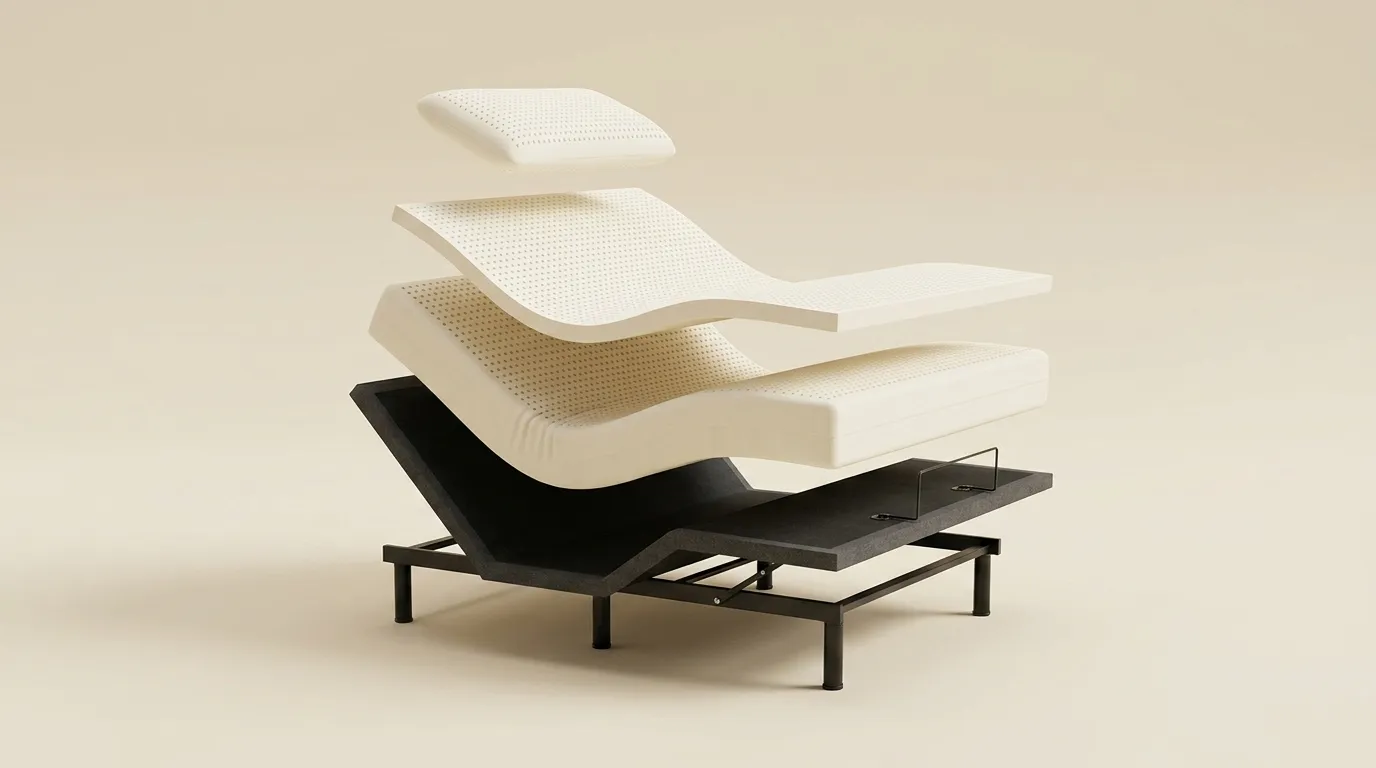 The Sleep System exploded: pillow, topper and mattress floating above the raised adjustable base